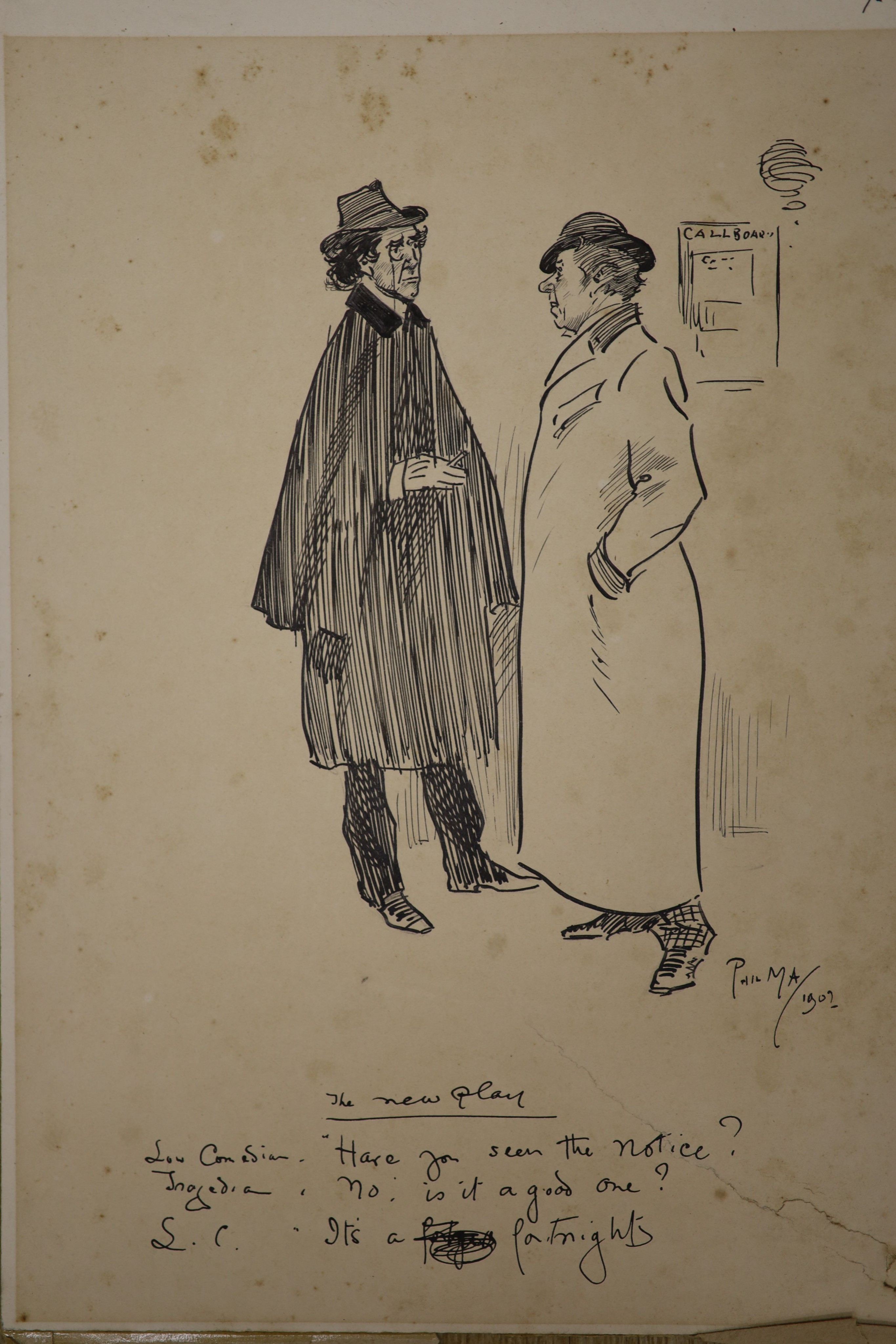 Phil May (1864-1903), three original pen and ink cartoons, 'The New Play 1902', 'Test Your Sight 1894' and 'Boy with Old Lady 1897', largest 30 x 22cm, all unframed